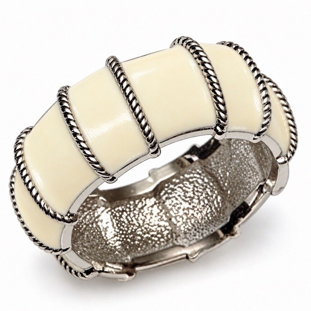 Cream Enamel Twisted Rope Detail Ring Stainless Steel 8mm Vintage Inspired SZ 6